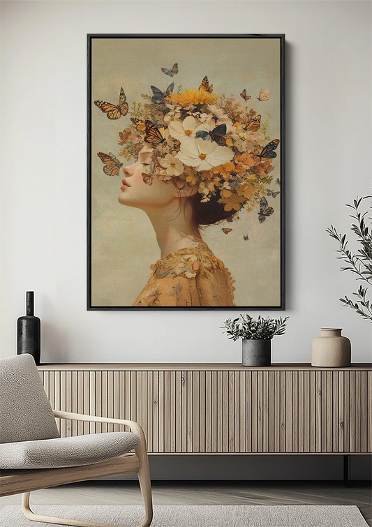 Vrouw met vlinders canvas schilderij boven het bed in de slaapkamer