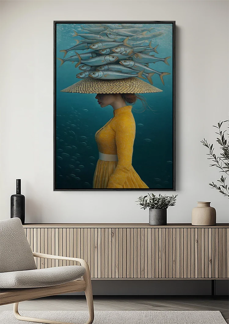 Woman Yellow Dress Fish School Underwater Surreal Painting