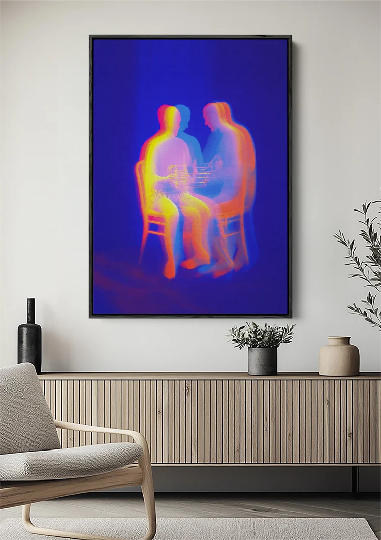 Two Glowing Silhouettes Neon Colors Abstract Dark Blue Painting