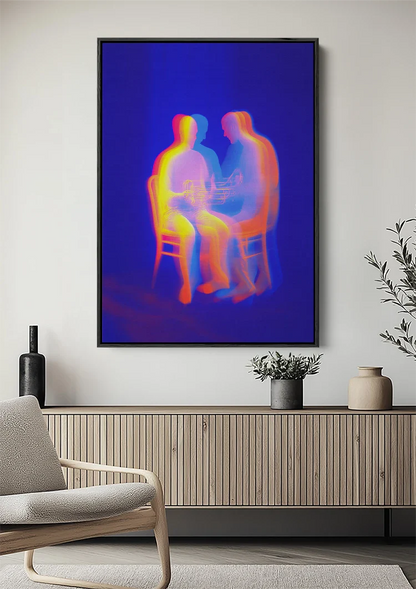 Two Glowing Silhouettes Neon Colors Abstract Dark Blue Painting