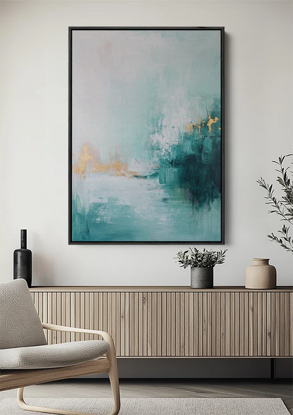 Abstrakt Türkis Weiß Goldene Akzente Serenes Minimalistisches Gemälde