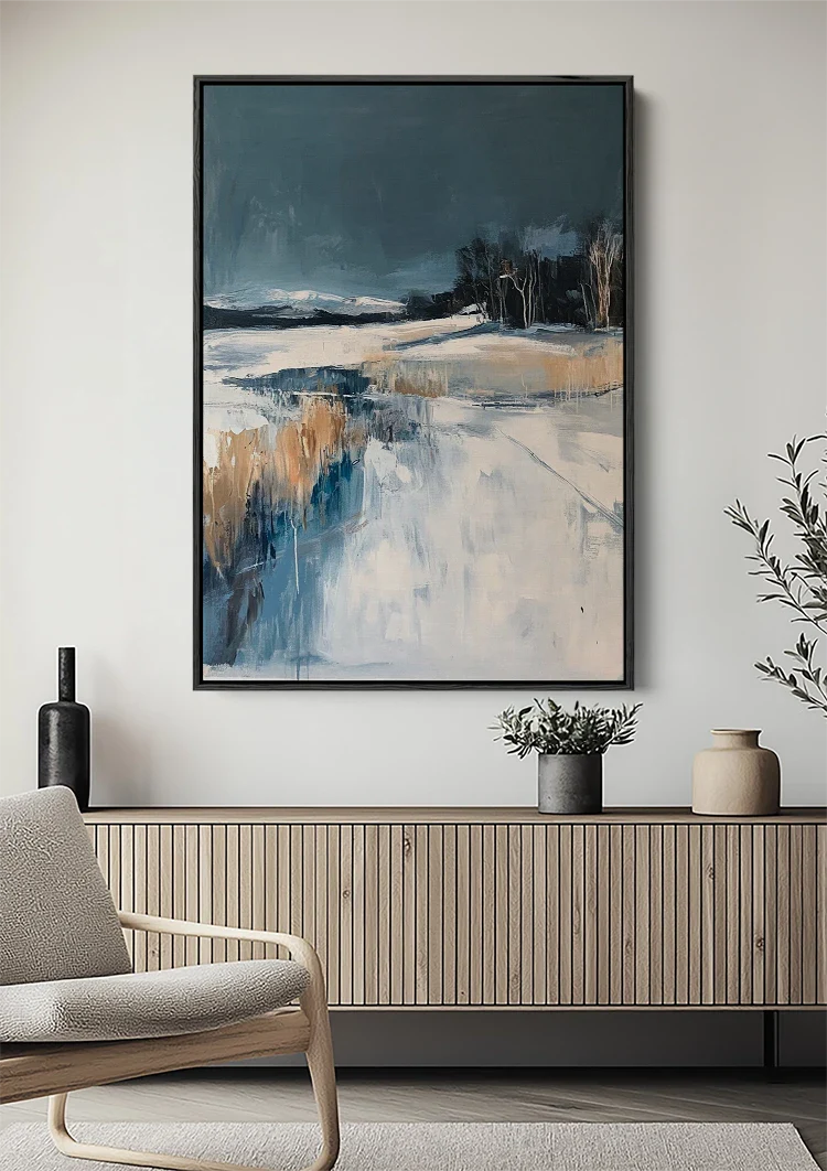 Winter Landscape Snow Dark Blue Expressionist Painting