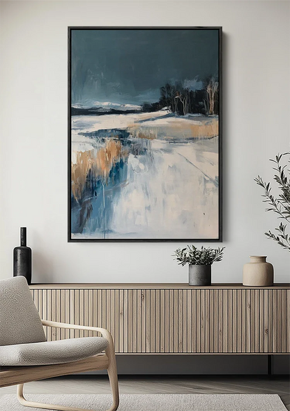 Winter Landscape Snow Dark Blue Expressionist Painting