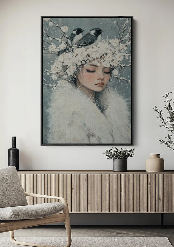 Sneeuwkoningin met Vogels Witte Bloemen Etherisch Portret Schilderij