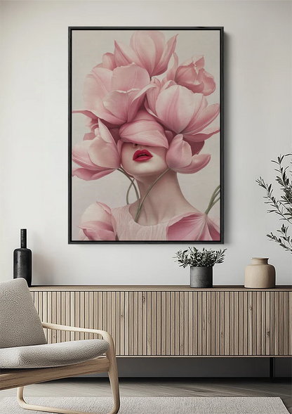 Woman with Pink Tulips Soft Floral Elegant Portrait Painting