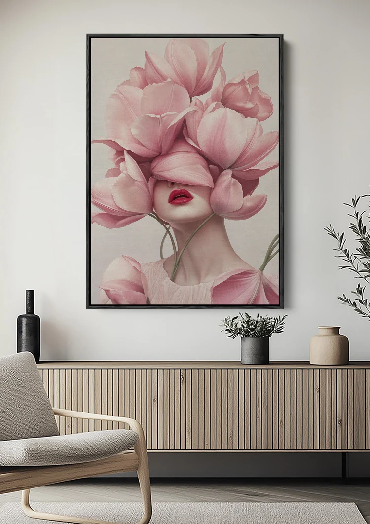 Female Portrait Pink Tulips Floral Splendor Romantic Dreamy Painting