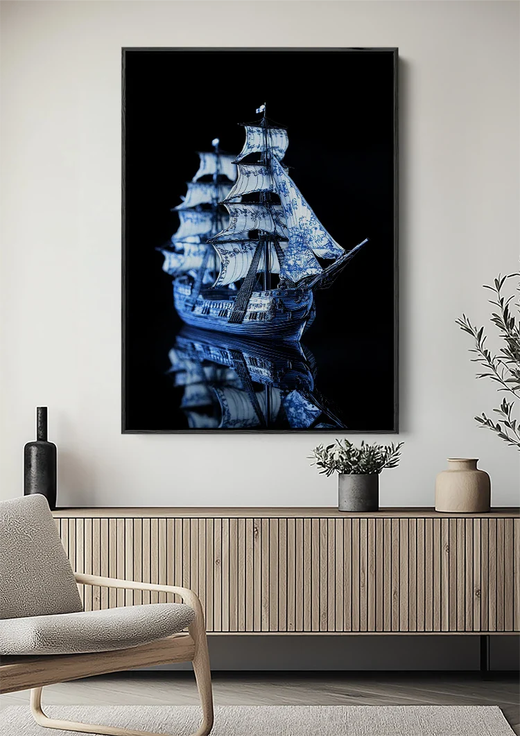 Delfts Blauw Zeilschip Porselein Donkere Achtergrond Schilderij