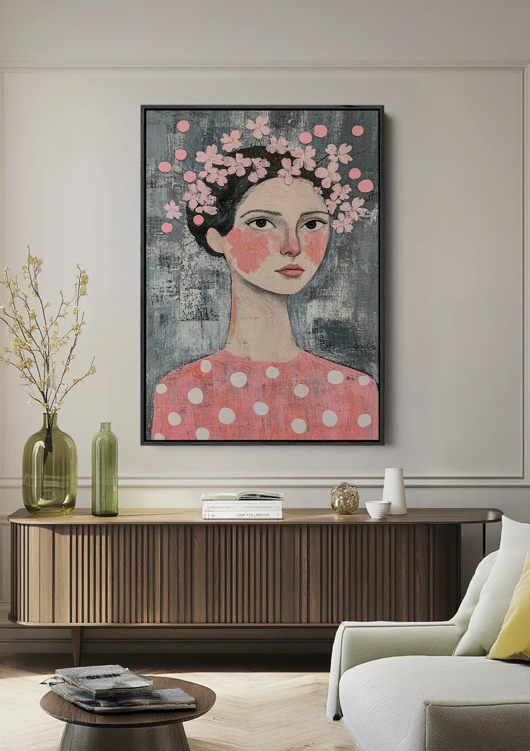 Woman Pink Floral Wreath Dark Hair Naive Portrait Painting