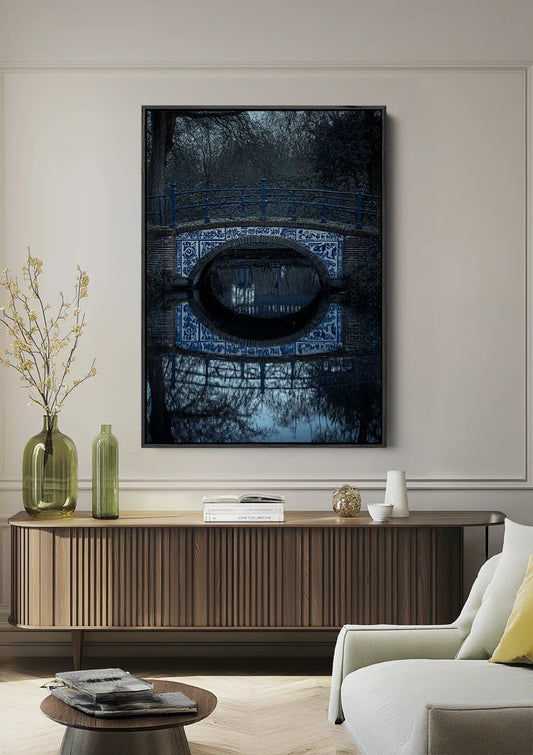 Delfts Blauwe brug canvas schilderij boven het bed in de slaapkamer