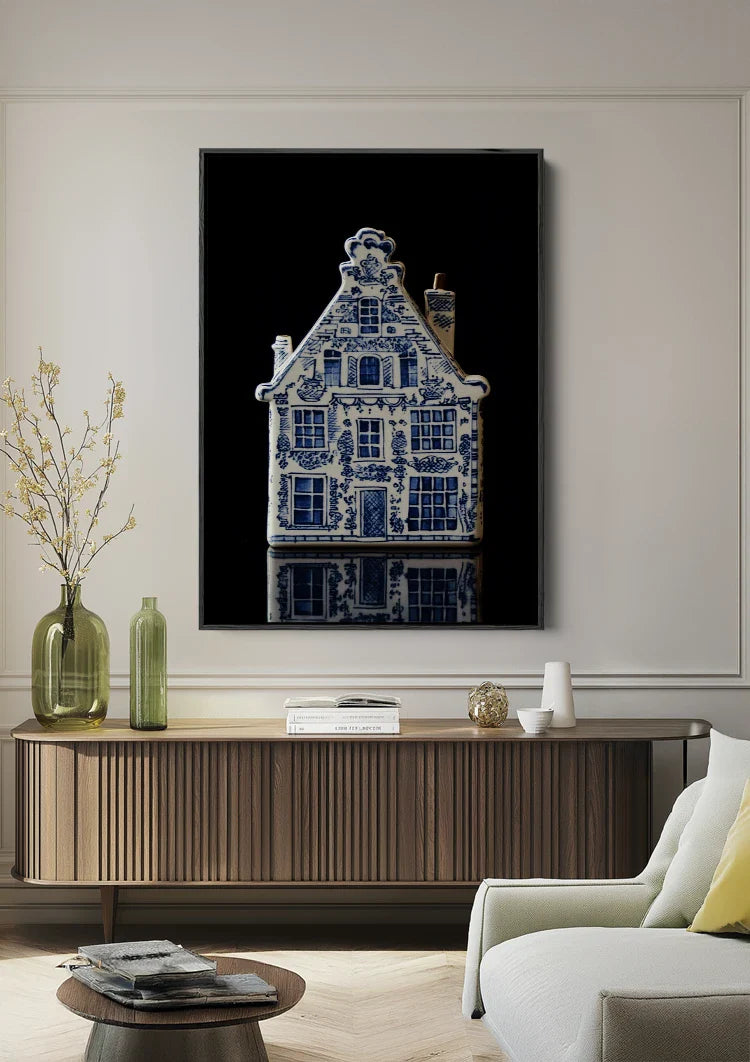 Delft Blue Canal House on Black Background Painting