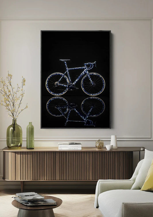 Delfts Blauw racefiets canvas schilderij aan de muur in de hal