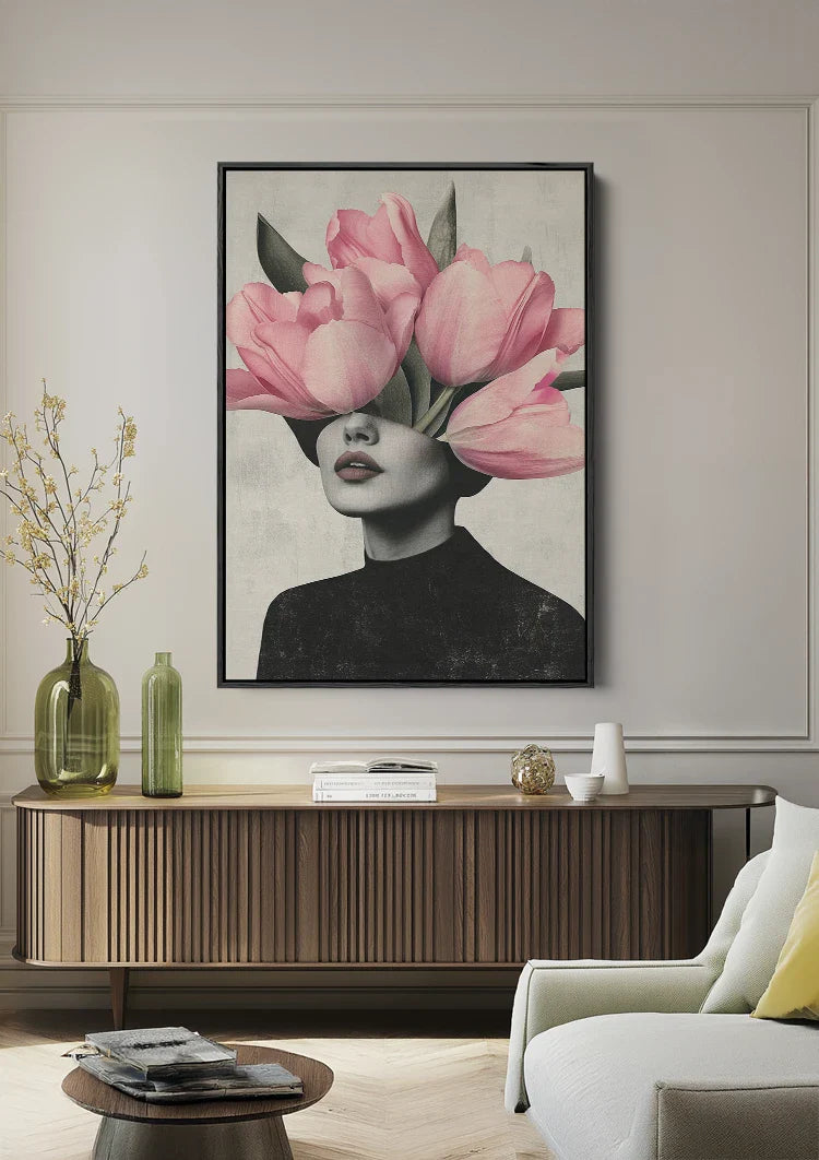 Woman Pink Tulip Head Surreal Portrait Painting