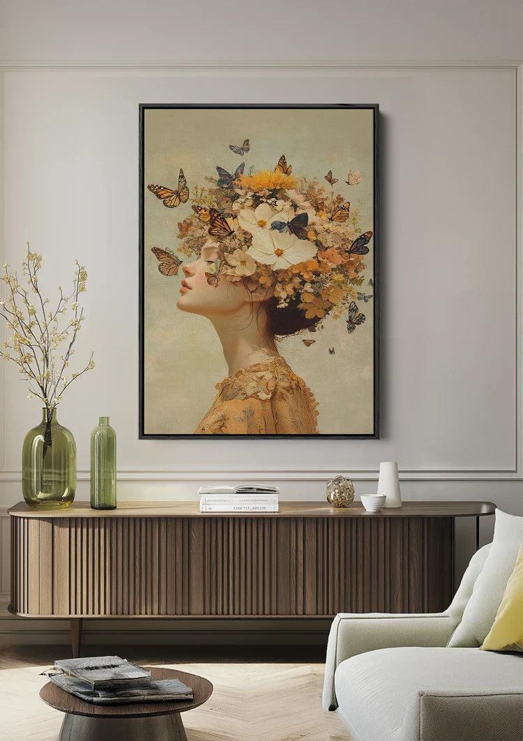 Woman Surrounded by Butterflies Warm Golden Fantasy Portrait Painting