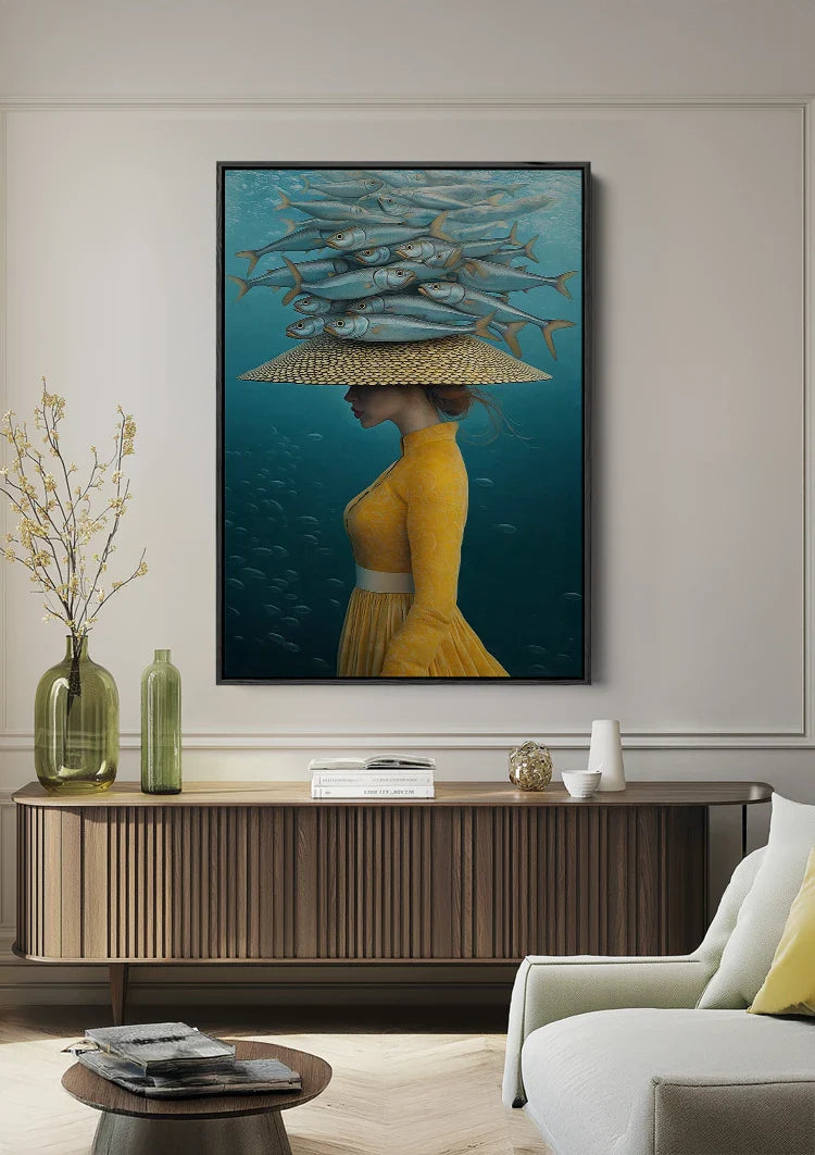 Woman Yellow Dress Fish School Underwater Surreal Painting