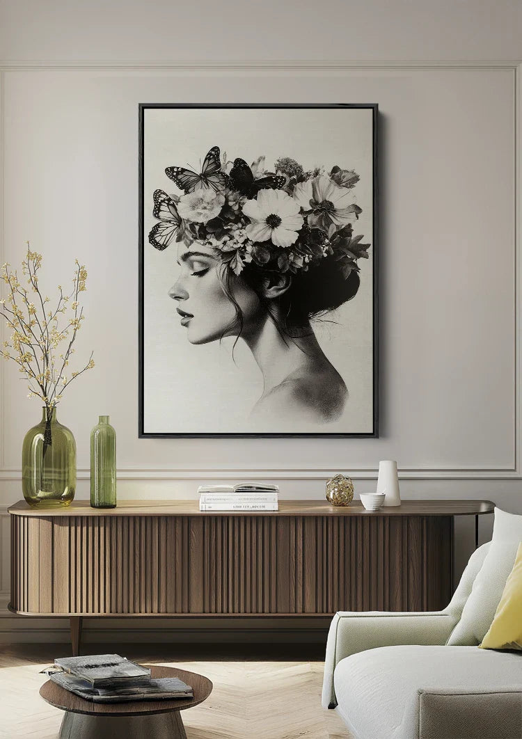 Woman with Butterflies and Flowers Black and White Botanical Portrait Painting