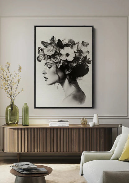 Woman with Butterflies and Flowers Black and White Botanical Portrait Painting