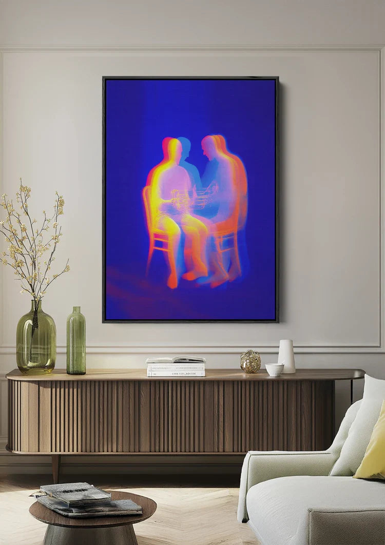 Two Glowing Silhouettes Neon Colors Abstract Dark Blue Painting