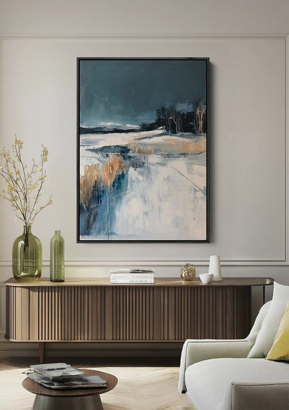 Winter Landscape Snow Dark Blue Expressionist Painting