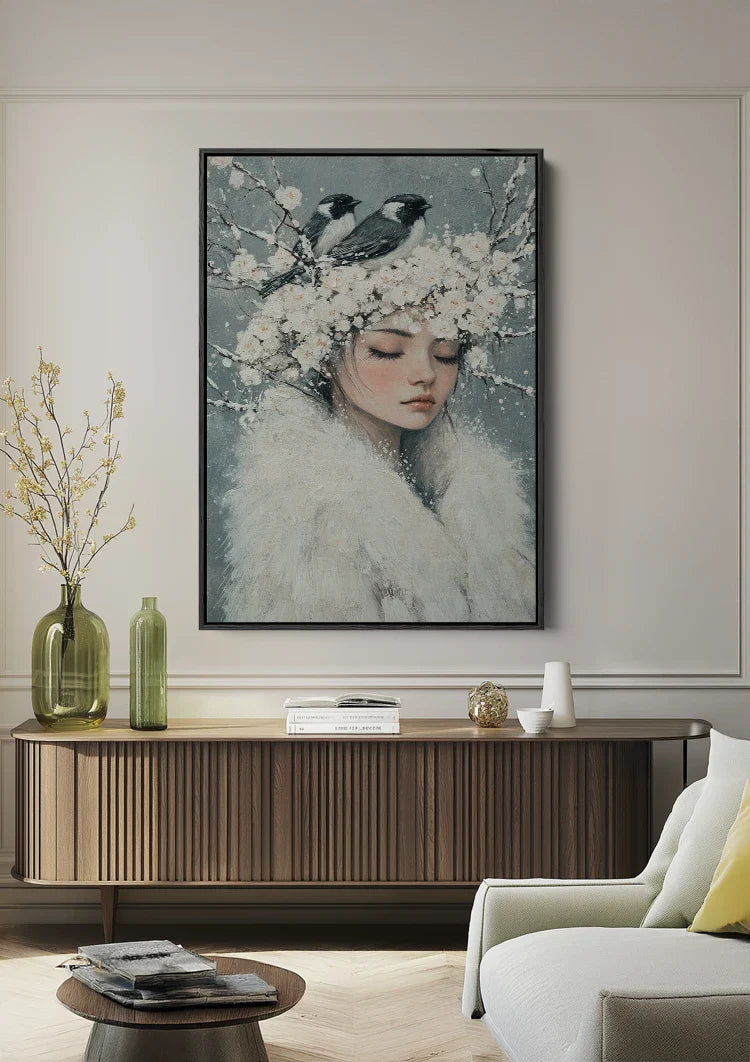 Sneeuwkoningin met Vogels Witte Bloemen Etherisch Portret Schilderij