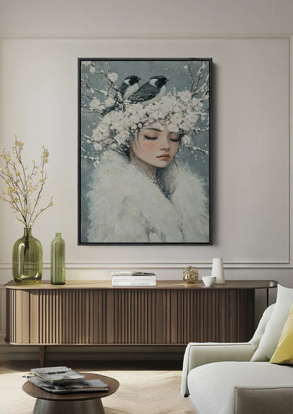 Sneeuwkoningin met Vogels Witte Bloemen Etherisch Portret Schilderij