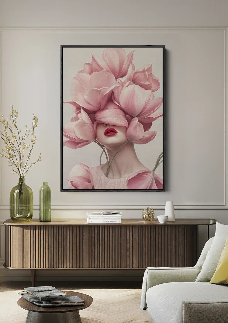 Woman with Pink Tulips Soft Floral Elegant Portrait Painting