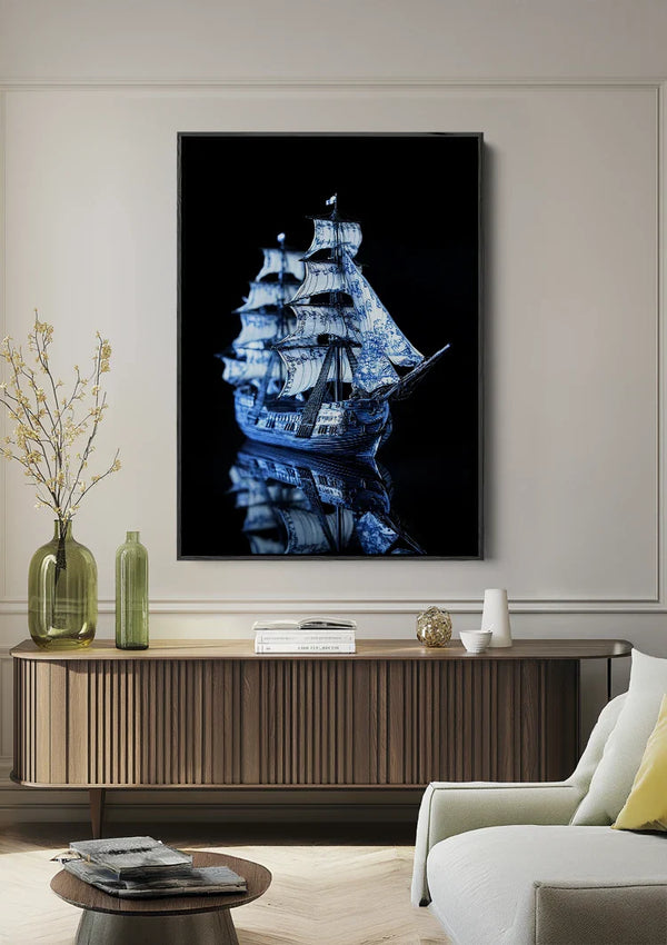 Delfts Blauw Zeilschip Porselein Donkere Achtergrond Schilderij