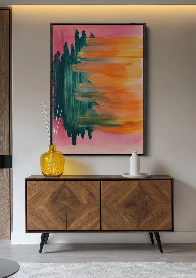 Abstrakt Vertikale Pinselstriche Blaugrün Orange Rosa Expressives Modernes Gemälde