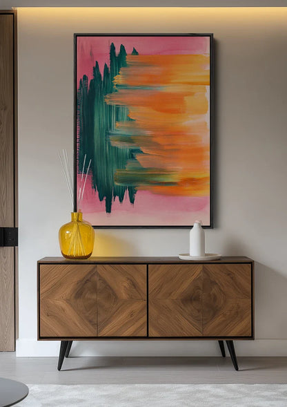 Abstrakt Vertikale Pinselstriche Blaugrün Orange Rosa Expressives Modernes Gemälde