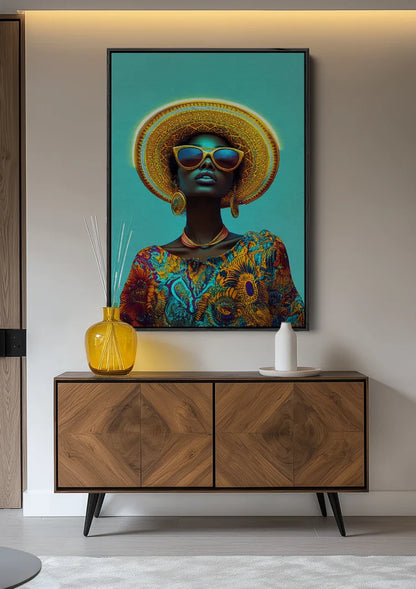 Stylish Woman Gold Hat Sunglasses Turquoise Background Colorful Painting