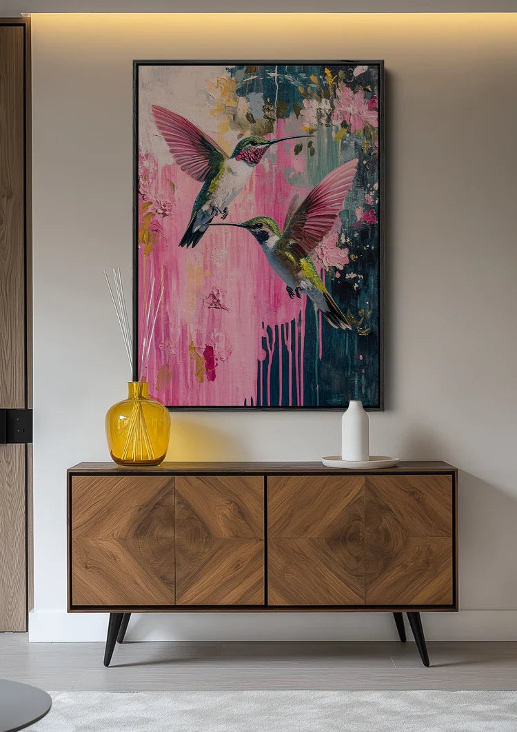 Twee Kolibries Roze Bloemen Abstract Verfdrip Natuur Schilderij