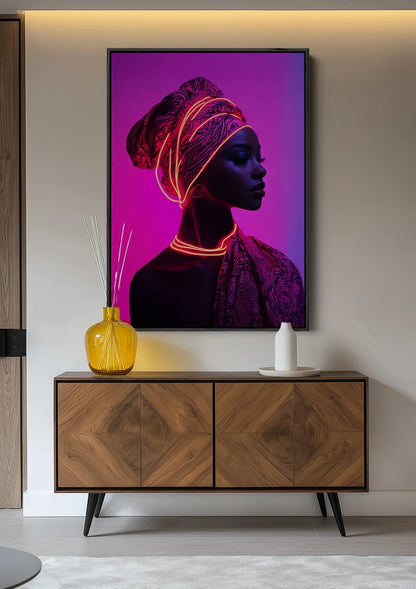 African Woman Turban Neon Pink Background Stylish Portrait Painting