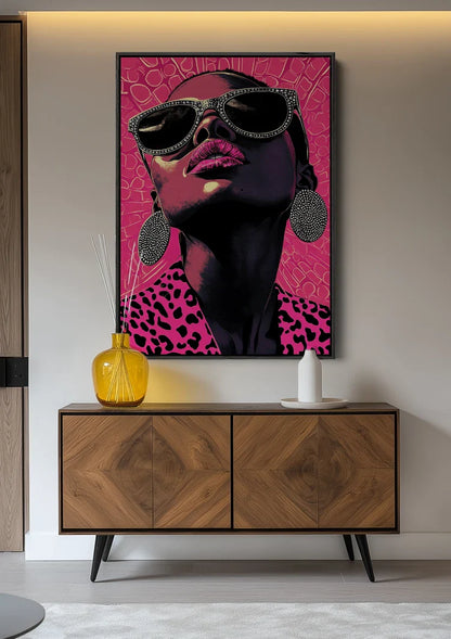 Glamoureuze Vrouw Zonnebril Roze Luipaardprint Pop Art Schilderij