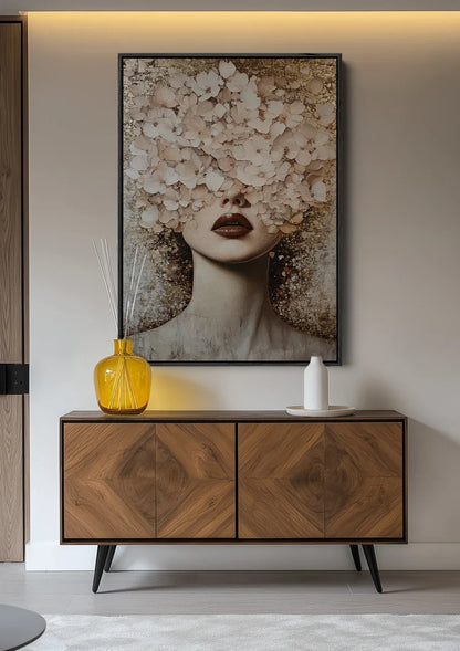 Woman with White Flowers Golden Accents Elegant Portrait Painting