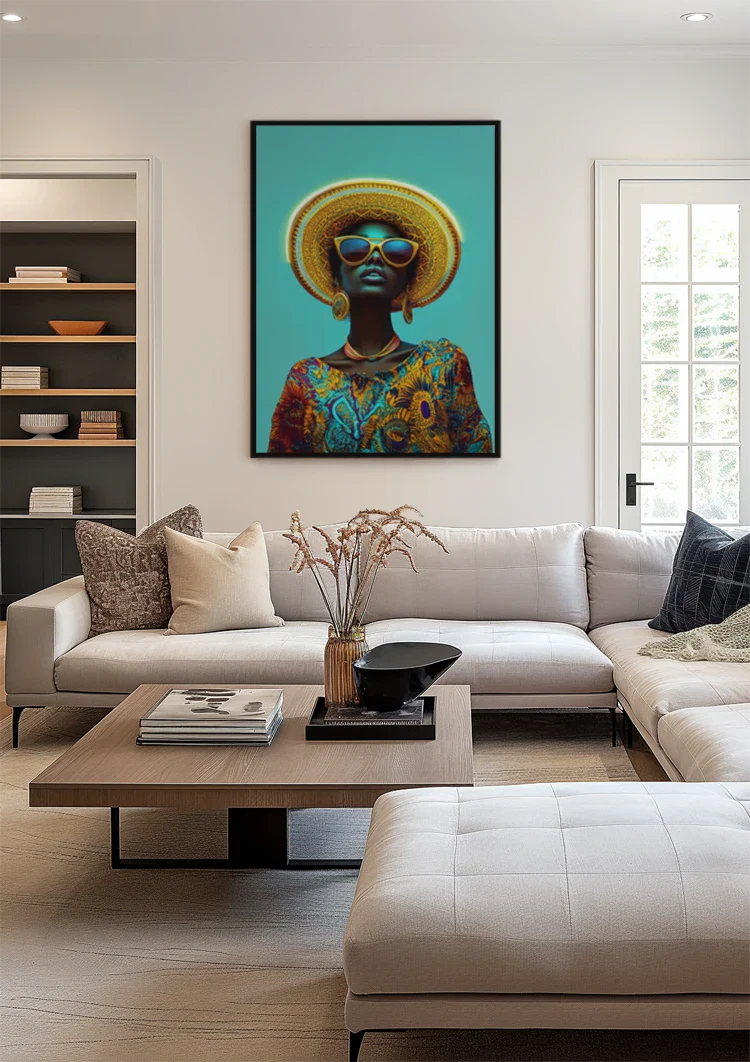 Stylish Woman Gold Hat Sunglasses Turquoise Background Colorful Painting