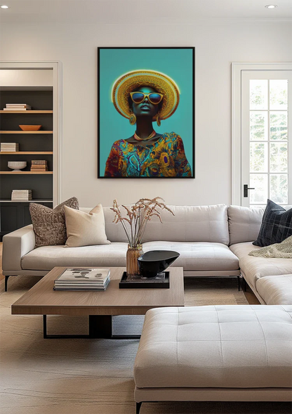 Stylish Woman Gold Hat Sunglasses Turquoise Background Colorful Painting