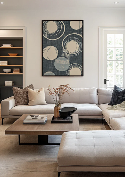 Abstract Circles Off-White Dark Blue Textured Background Geometric Painting