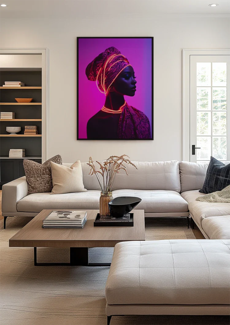 African Woman Turban Neon Pink Background Stylish Portrait Painting