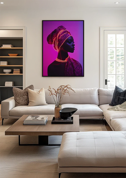 African Woman Turban Neon Pink Background Stylish Portrait Painting