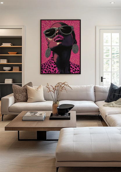 Glamoureuze Vrouw Zonnebril Roze Luipaardprint Pop Art Schilderij