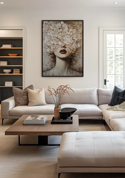 Woman with White Flowers Golden Accents Elegant Portrait Painting