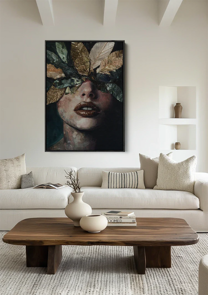 Woman with Golden Leaves Mysterious Botanical Portrait Painting