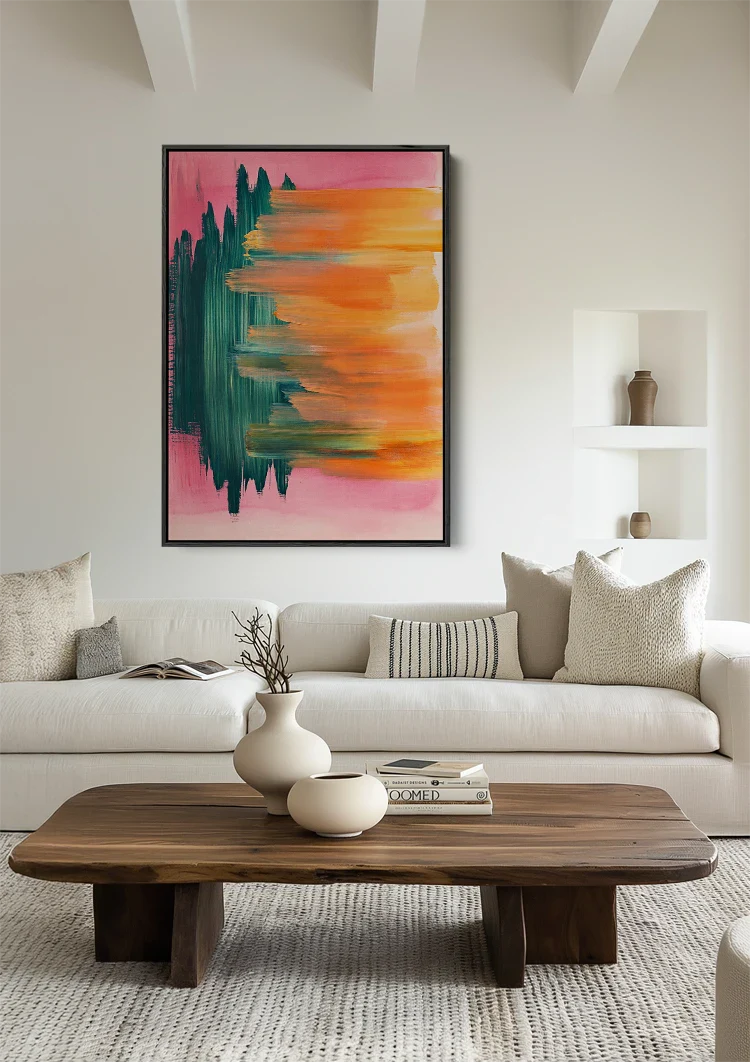 Abstrakt Vertikale Pinselstriche Blaugrün Orange Rosa Expressives Modernes Gemälde