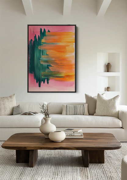 Abstrakt Vertikale Pinselstriche Blaugrün Orange Rosa Expressives Modernes Gemälde