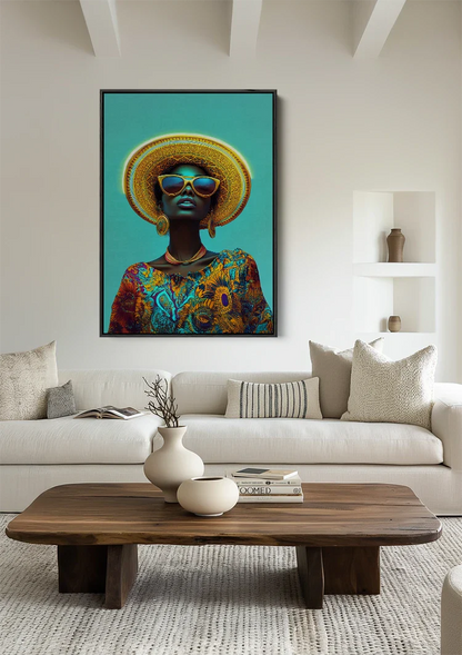 Stylish Woman Gold Hat Sunglasses Turquoise Background Colorful Painting