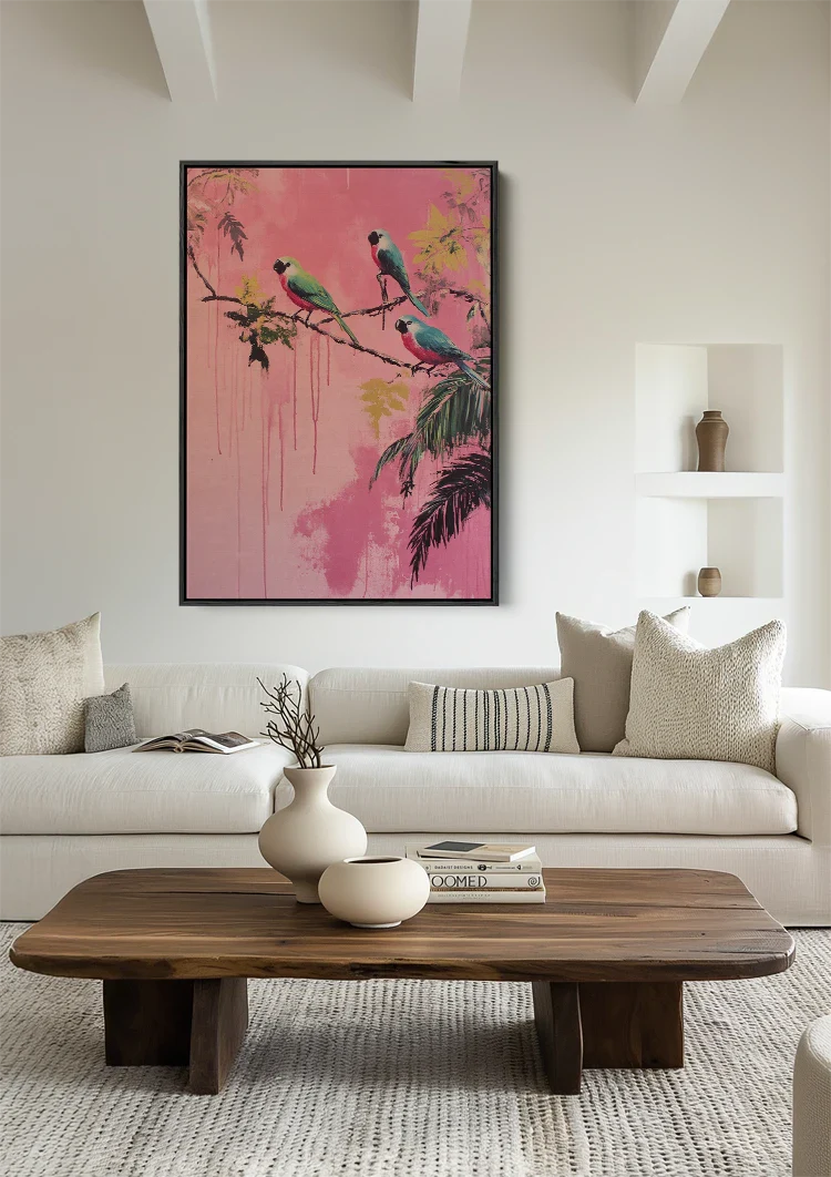 Three Tropical Parrots Branch Vivid Pink Paint Drips Modern Painting