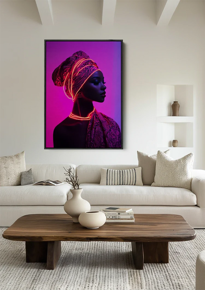 African Woman Turban Neon Pink Background Stylish Portrait Painting