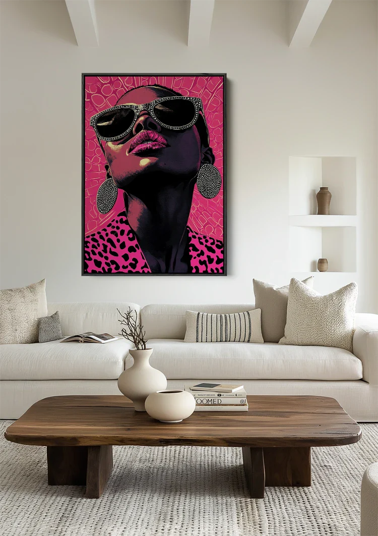 Glamoureuze Vrouw Zonnebril Roze Luipaardprint Pop Art Schilderij