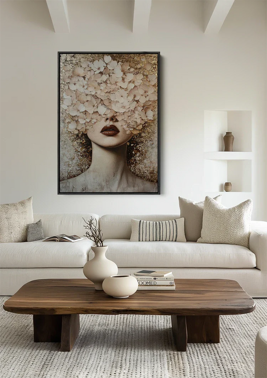 Vrouw met witte bloemen canvas schilderij aan de muur boven het bed in de slaapkamer
