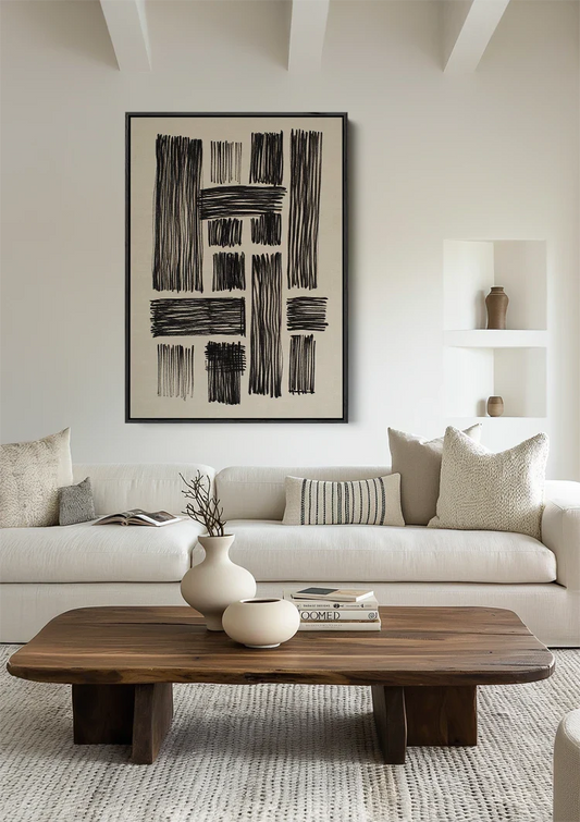 Ritmische lijnen canvas schilderij aan de muur boven het bed in de slaapkamer