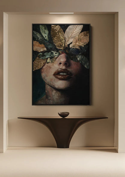 Woman with Golden Leaves Mysterious Botanical Portrait Painting